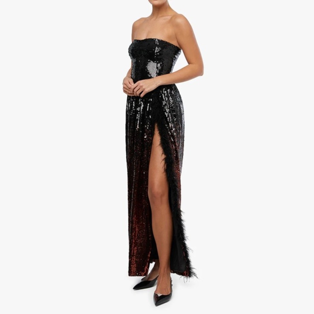 WeWoreWhat Black Strapless Sequin Maxi Dress with Feather Trim